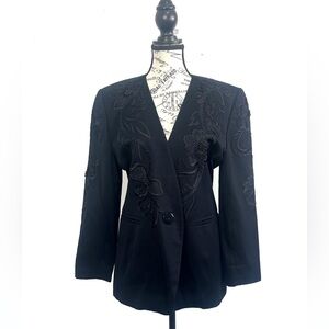 Vintage Escada  Navy Single  Button Floral Embroidered Blazer